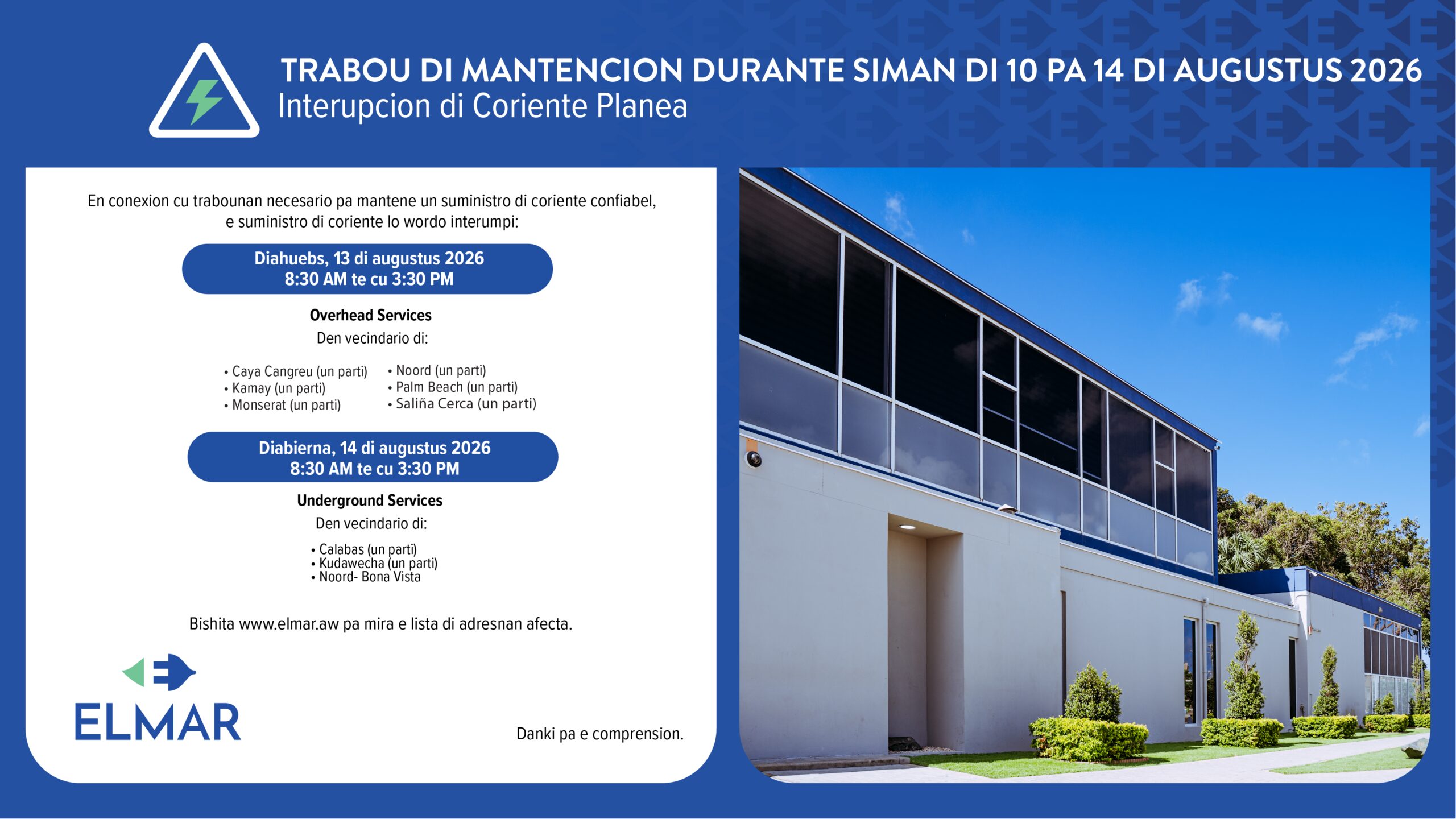 ELMAR to Cut Power in Noord District on August 13 and 14